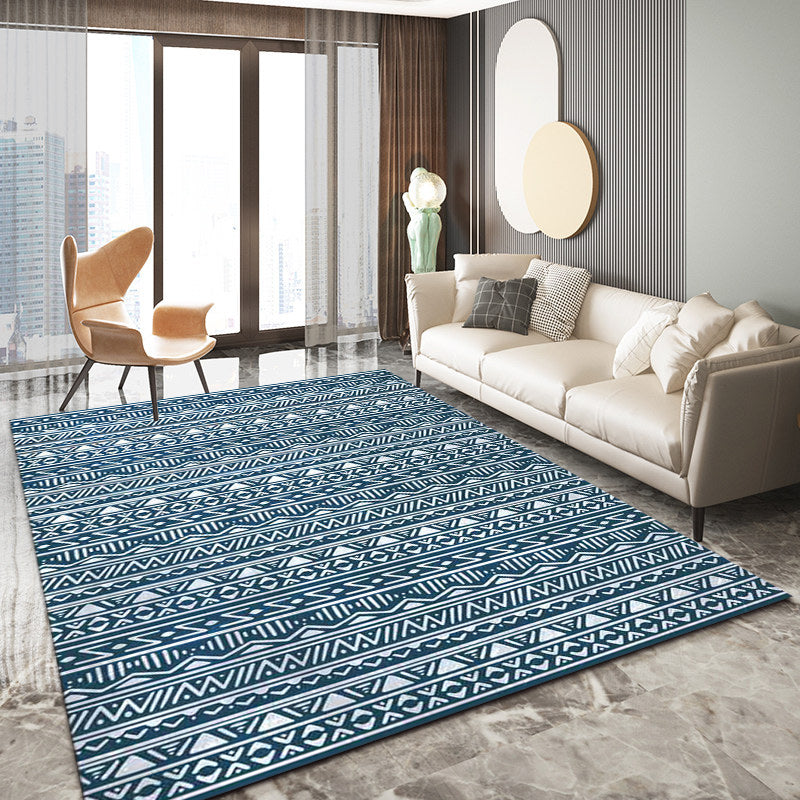 Sikunuo | Blue Bedroom Rug Southwestern Stripes Triangle Pattern Area Rug Polyester Washable Non-Slip Rug