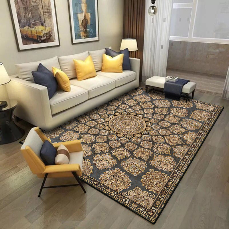 Sikunuo | Brown Bedroom Rug Southwestern Floral Circle Geometric Pattern Area Rug Polyester Stain-Resistant Rug