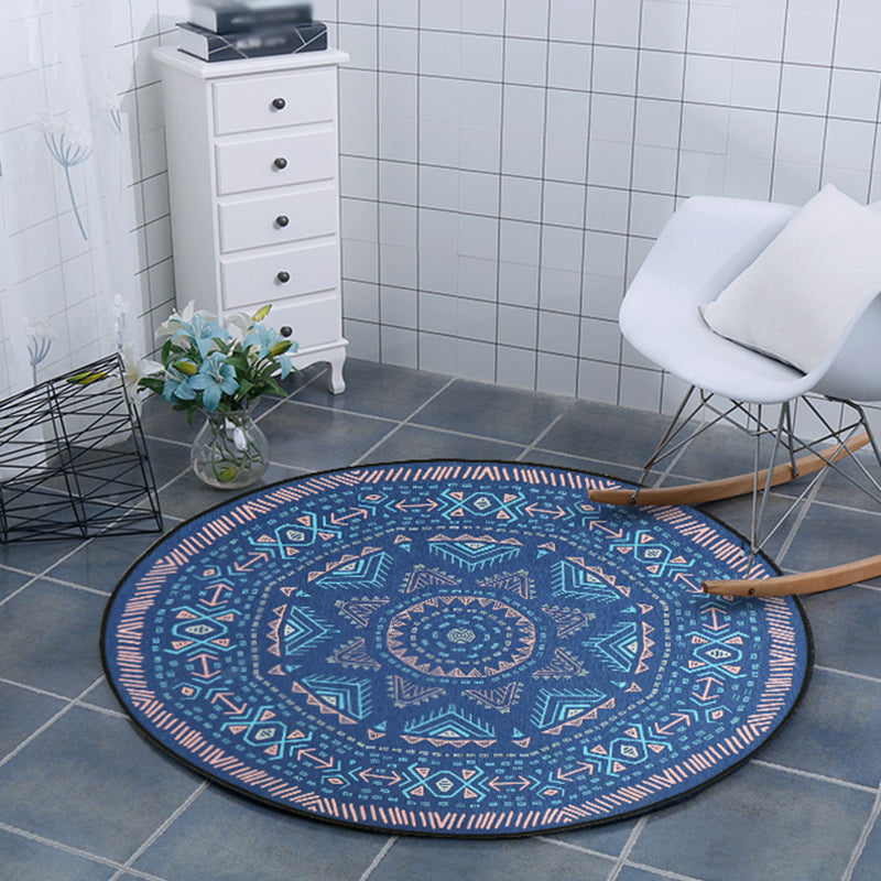 Sikunuo | Blue Bedroom Carpet Southwest Triangle Line Pattern Carpet Polyester Machine Washable Carpet