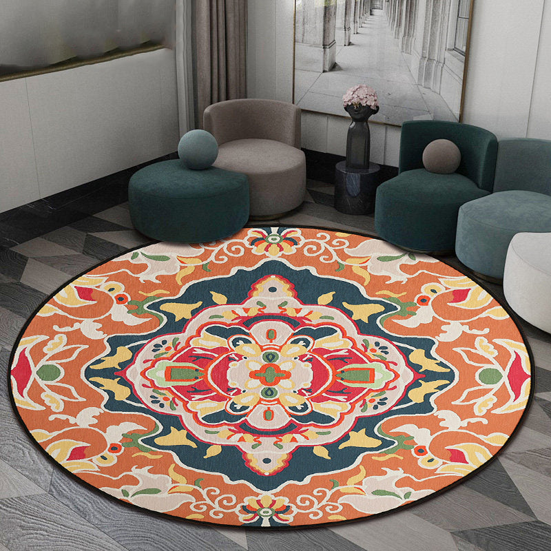 Sikunuo | Orange Bedroom Rug Moroccan Floral Pattern Area Rug Polyester Pet Friendly Washable Rug