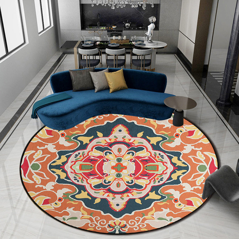 Sikunuo | Orange Bedroom Rug Moroccan Floral Pattern Area Rug Polyester Pet Friendly Washable Rug