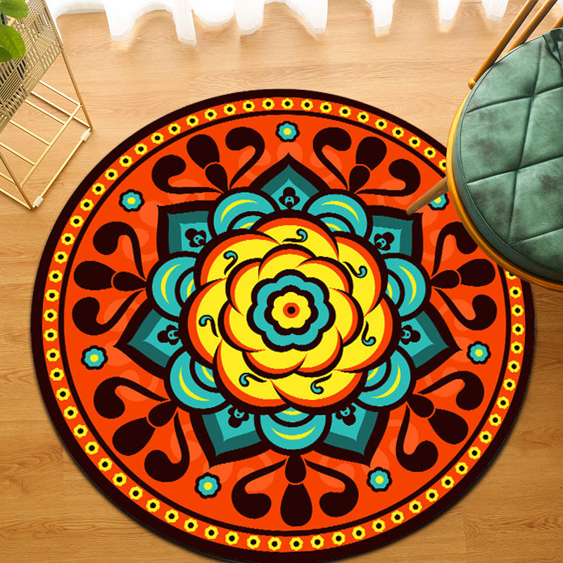 Sikunuo | Orange Bedroom Rug Moroccan Floral Lotus Pattern Area Rug Polyester Machine Washable Stain Resistant Rug