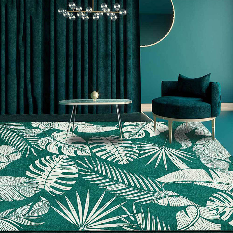 Sikunuo | Stylish Leaf Pattern Carpet Green Tropical Carpet Polyester Washable Non-Slip Back Area Rug for Living Room