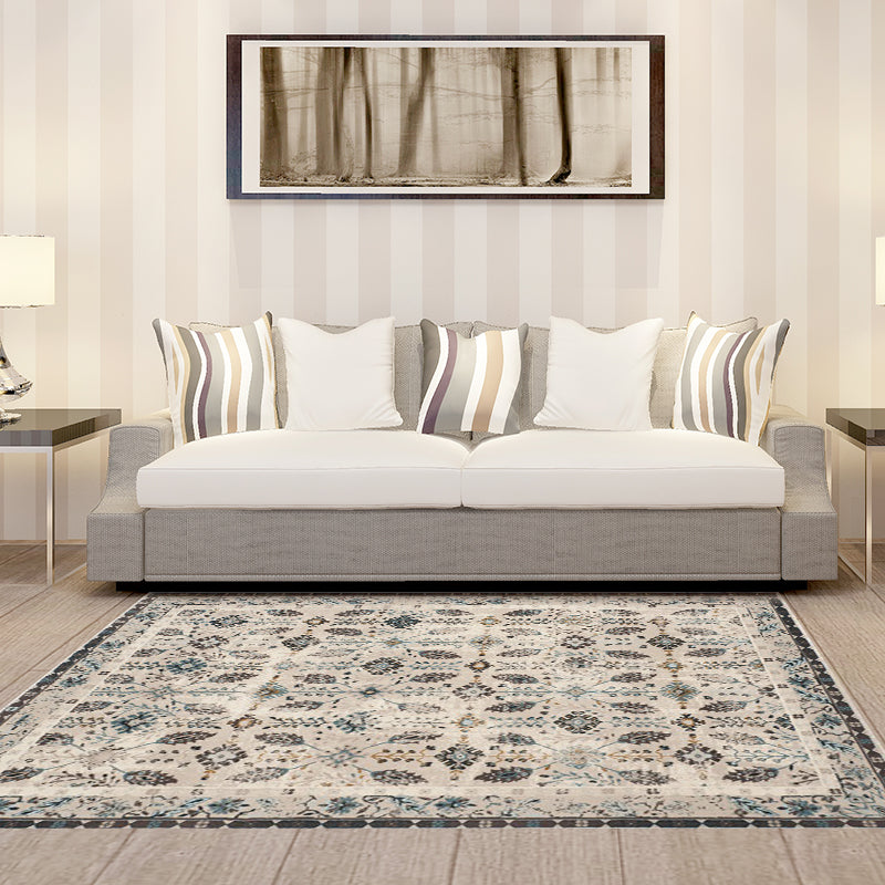 Sikunuo | Vintage eclectic border rug with floral and botanical polyester washable stain-resistant rug for the bedroom