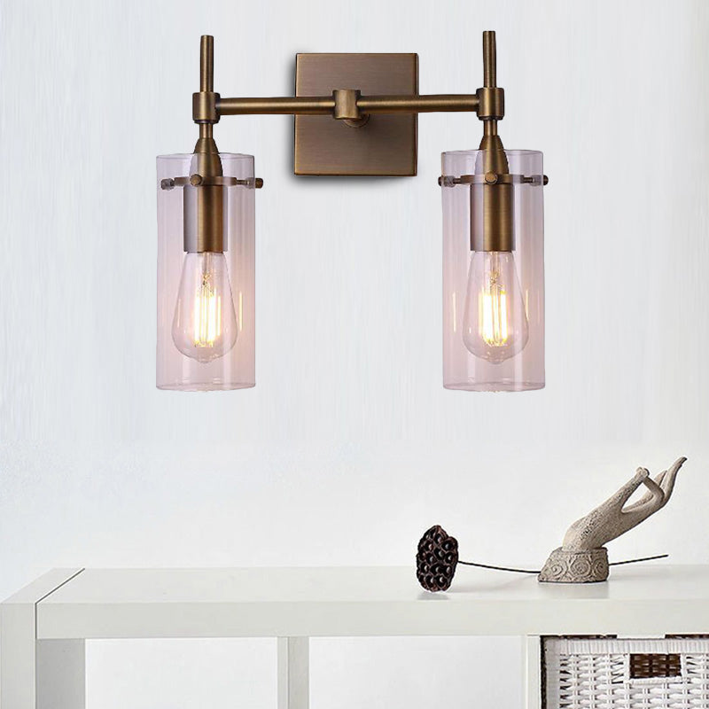 Sikunuo | Clear Glass Cylinder Wall Lantern Modern 2 Lights Dining Room Lighting Fixture in Patina Brass