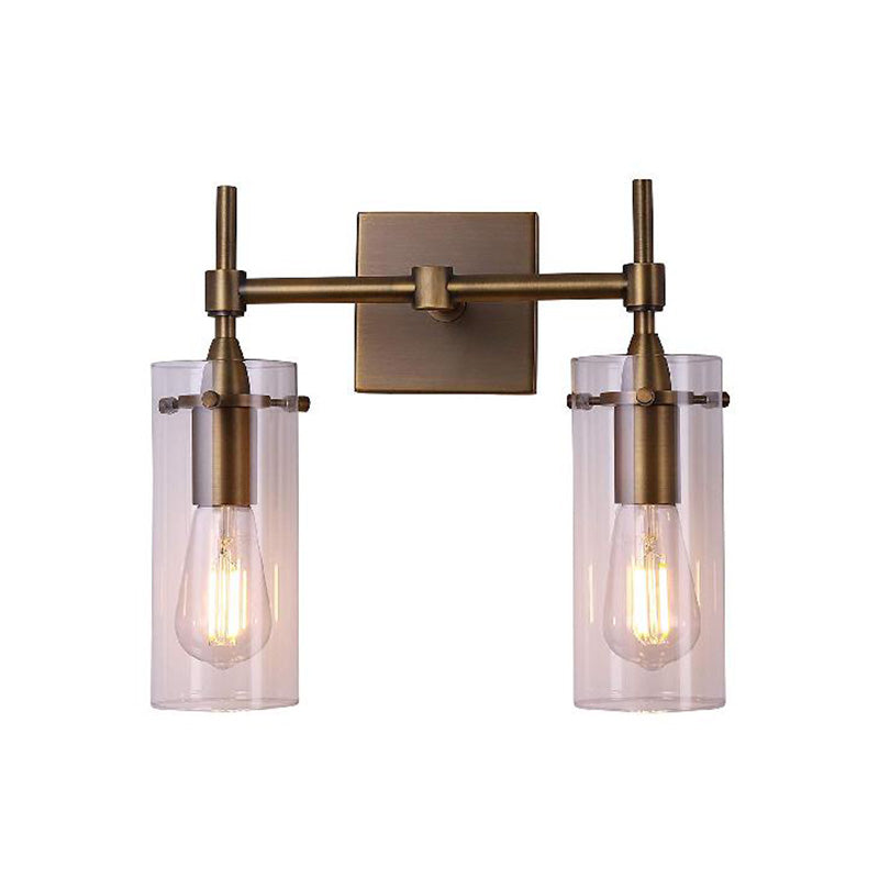 Sikunuo | Clear Glass Cylinder Wall Lantern Modern 2 Lights Dining Room Lighting Fixture in Patina Brass