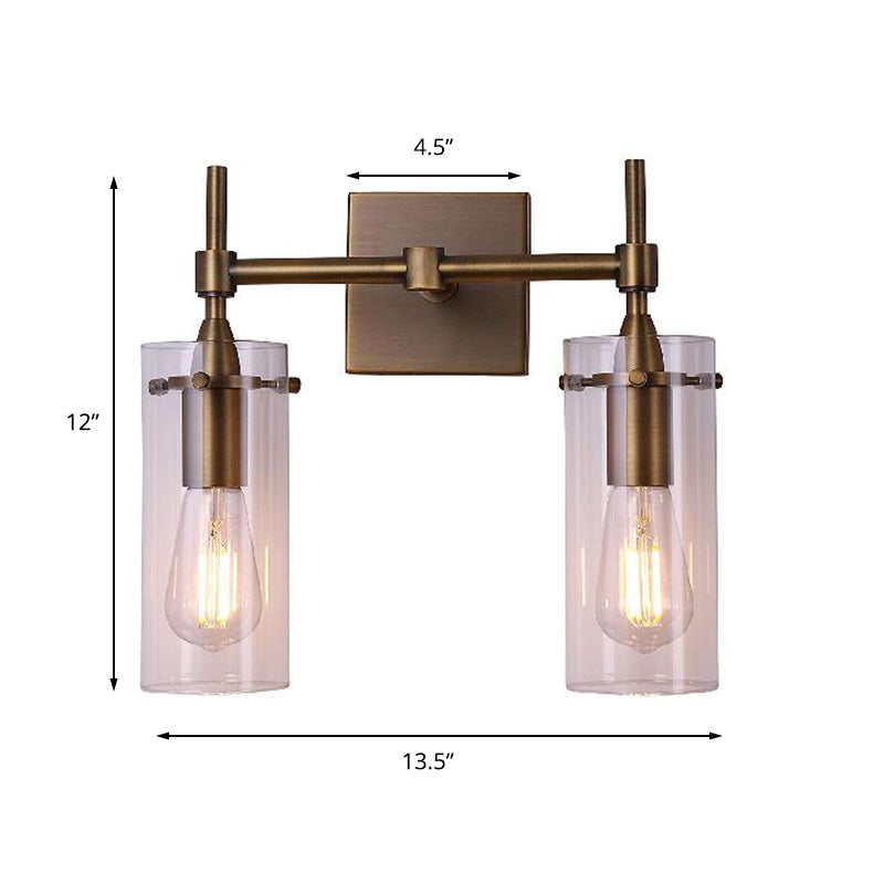 Sikunuo | Clear Glass Cylinder Wall Lantern Modern 2 Lights Dining Room Lighting Fixture in Patina Brass