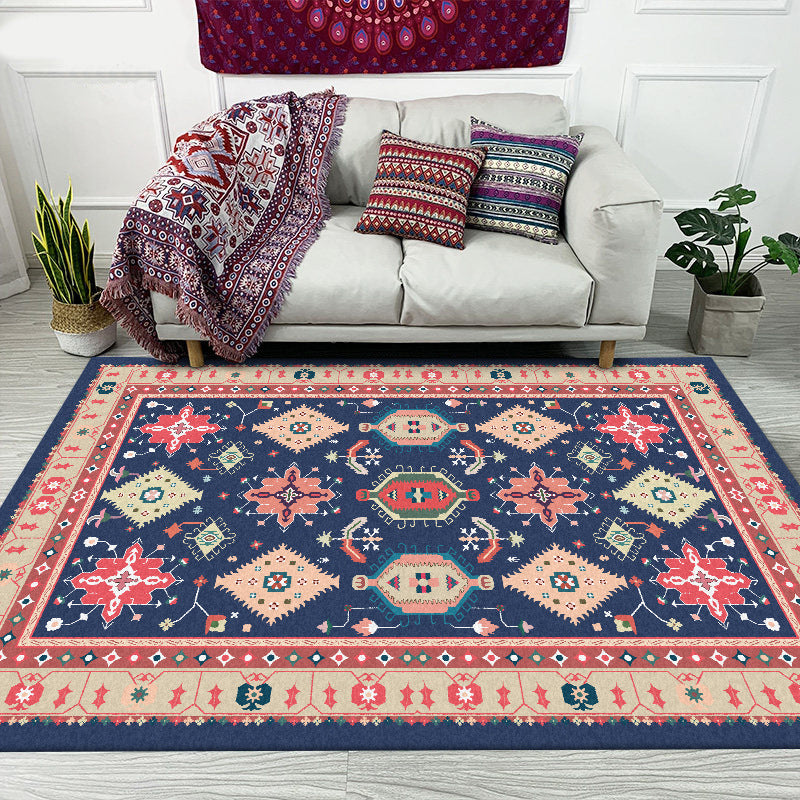 Sikunuo | Southwest Living Room Rug in Blue Tribal Geometric Print Rug Made of Polyester Washable Area Rug