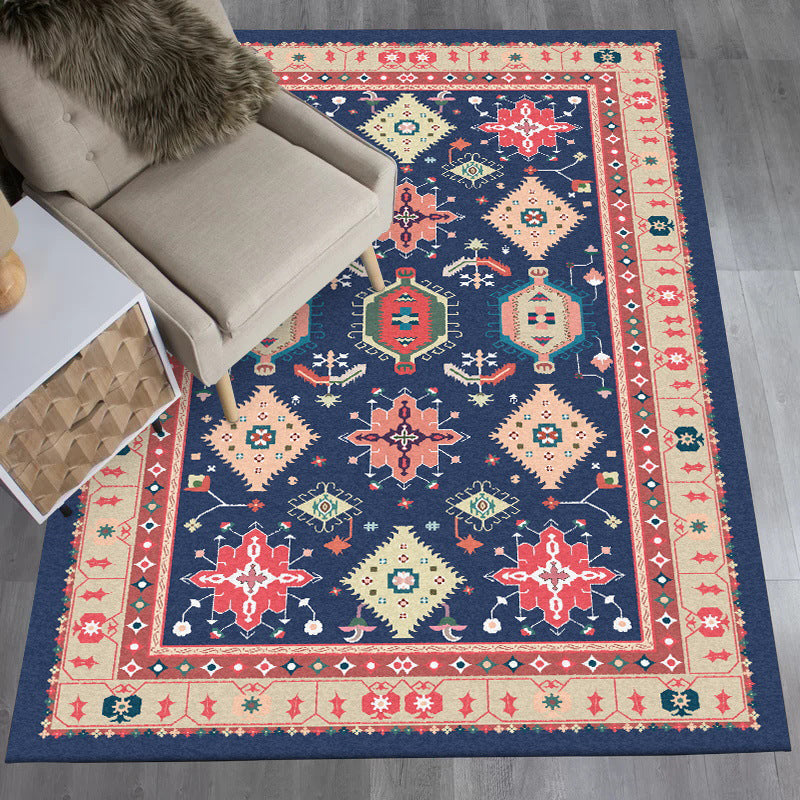 Sikunuo | Southwest Living Room Rug in Blue Tribal Geometric Print Rug Made of Polyester Washable Area Rug