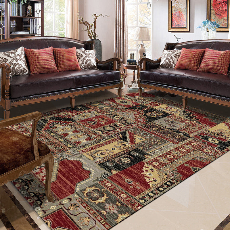 Sikunuo | Red and brown bedroom carpet southwestern geometry floral pattern area rug polyester non-slip rug