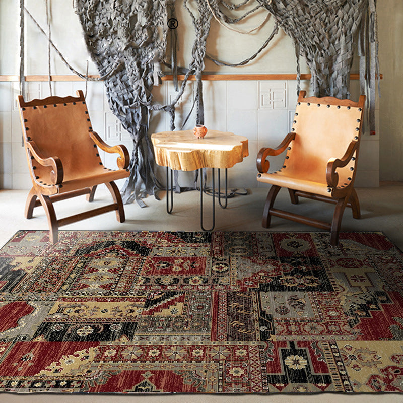 Sikunuo | Red and brown bedroom carpet southwestern geometry floral pattern area rug polyester non-slip rug