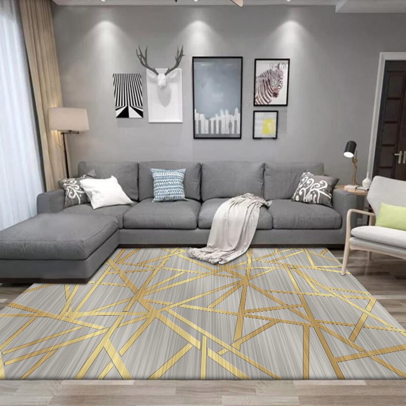 Sikunuo | Modern Novelty Carpet in Gray Geometric Lines Pattern Carpet Polyester Washable Non-slip Area Rug for Home Decoration