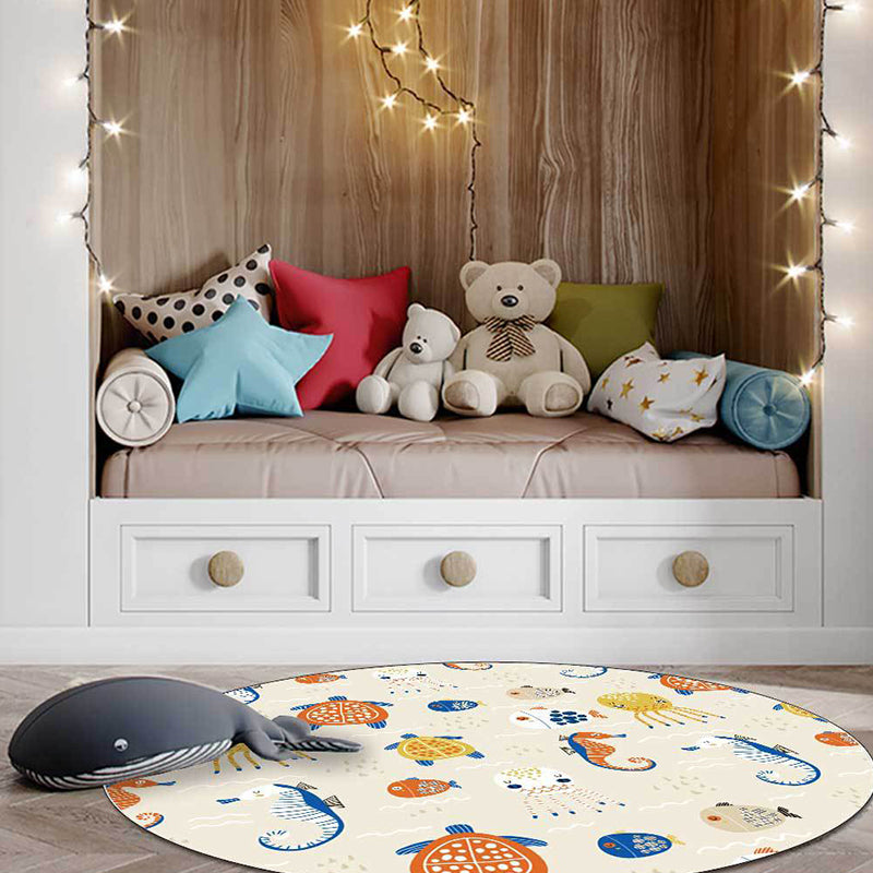 Sikunuo | Casual Kids Rug in Ivory Animal Turtle Jellyfish Hippocampus Pattern Rug Polyester Washable Rug for the Children's Room