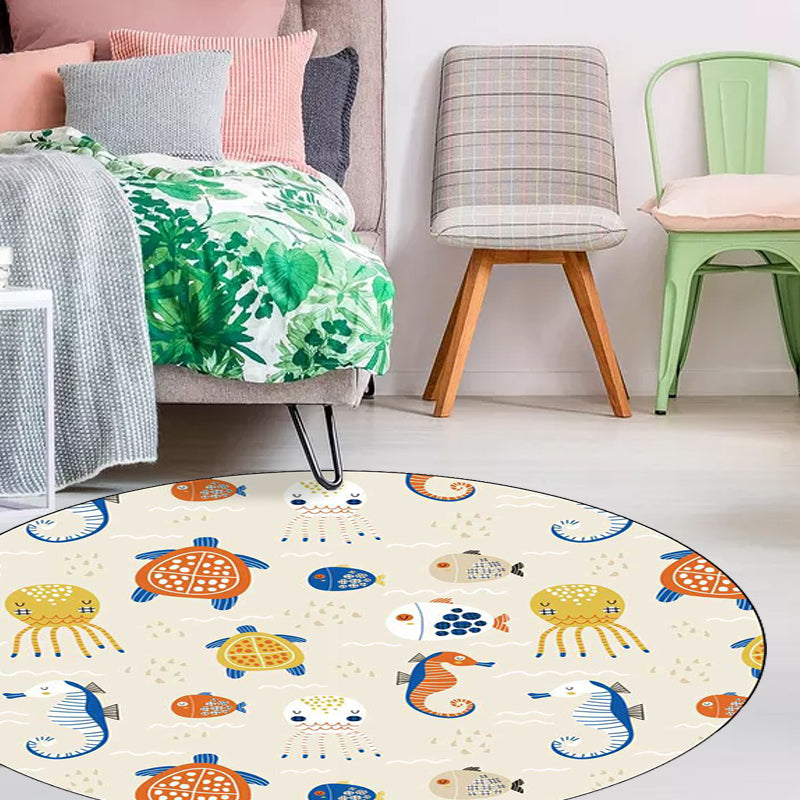 Sikunuo | Casual Kids Rug in Ivory Animal Turtle Jellyfish Hippocampus Pattern Rug Polyester Washable Rug for the Children's Room