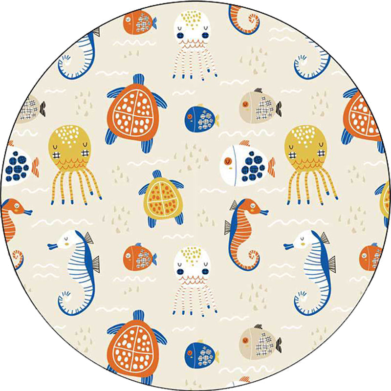 Sikunuo | Casual Kids Rug in Ivory Animal Turtle Jellyfish Hippocampus Pattern Rug Polyester Washable Rug for the Children's Room