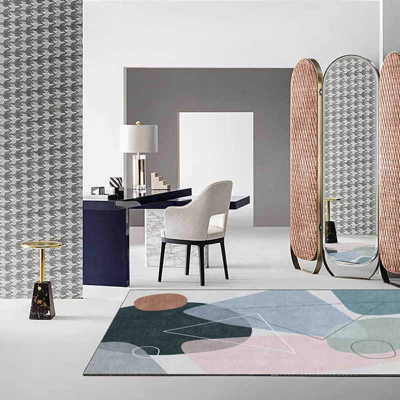 Sikunuo | Novelty Living Room Rug Multicolored Color Box Triangle Print Carpet Polyester Pet Friendly Non-Slip Area Rug