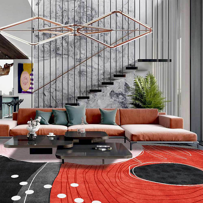 Sikunuo | Novelty Living Room Carpet in Red and Black Color Block Dots Line Print Carpet Polyester Washable Stain Resistant Area Rug