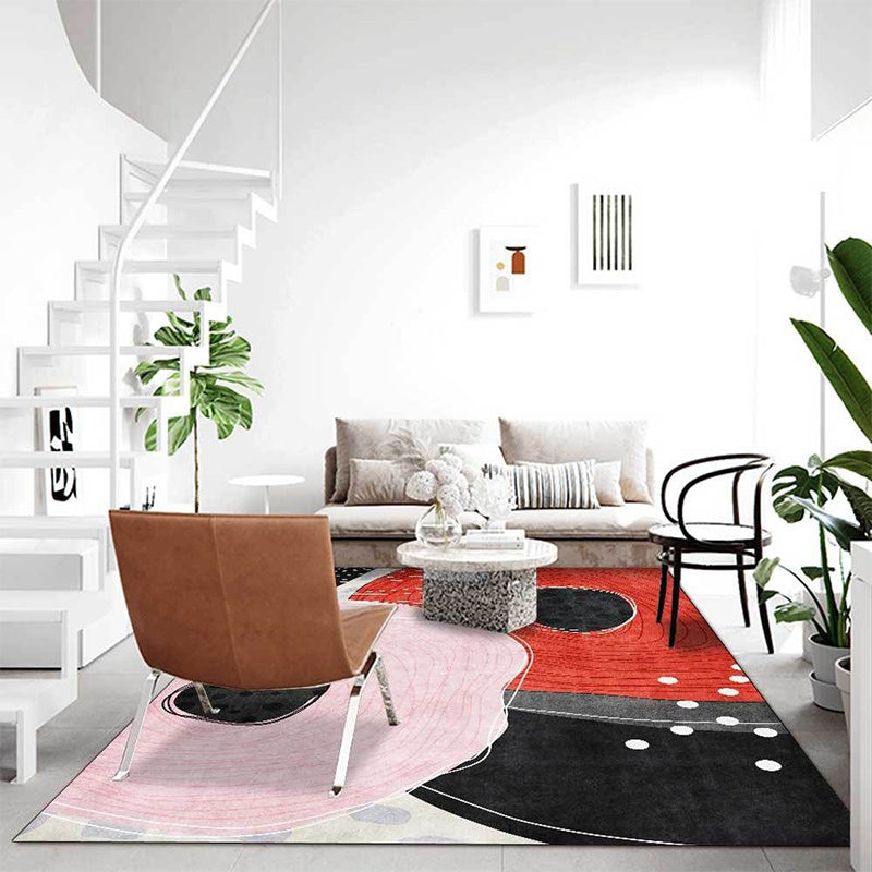 Sikunuo | Novelty Living Room Carpet in Red and Black Color Block Dots Line Print Carpet Polyester Washable Stain Resistant Area Rug