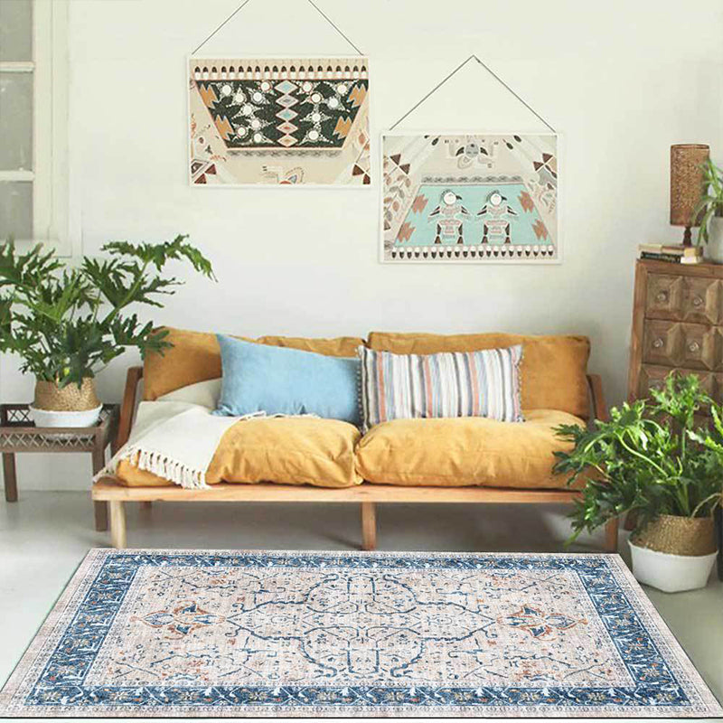 Sikunuo | Traditional medallion pattern rug blue and gray tribal rug polyester washable non-slip bottom area rug for bedroom