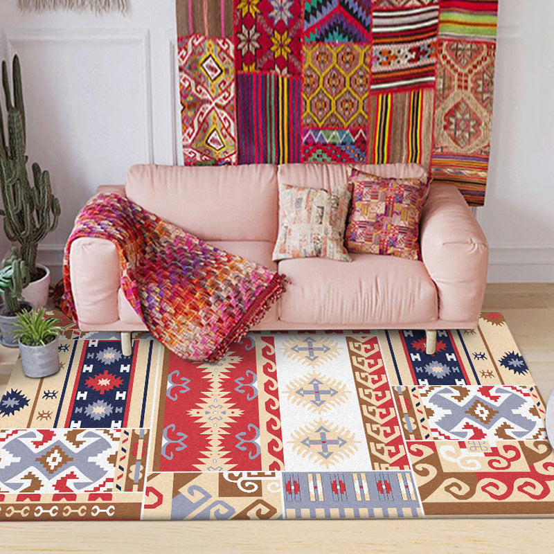 Sikunuo | Americana Southwestern Rug in Red and Brown Tribal Geometry Pattern Rug Polyester Washable Rug for Home Decor