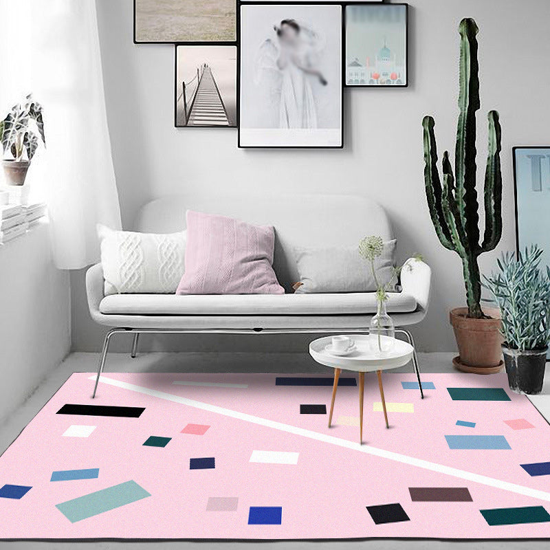 Sikunuo | Nordic Novelty Rug in Pink Geometric Rectangular Pattern Rug Polyester Non-Slip Back Rug for Home Decor