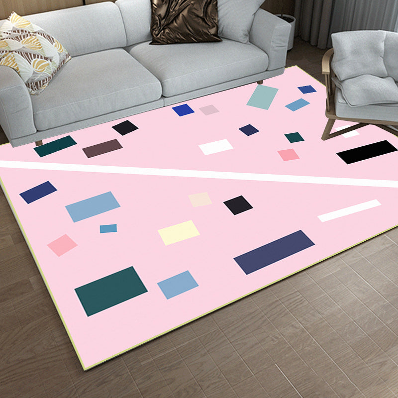Sikunuo | Nordic Novelty Rug in Pink Geometric Rectangular Pattern Rug Polyester Non-Slip Back Rug for Home Decor