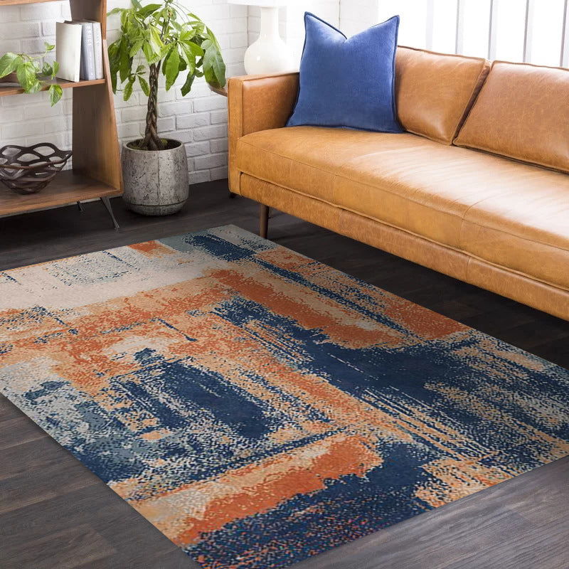 Sikunuo | Industry Abstract Carpet Orange and Blue Polyester Rug Machine Washable Non-Slip Area Rug for Bedroom