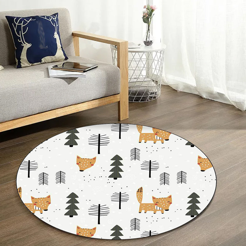 Sikunuo | White Children's Room Carpet Kids Animal Fox Tree Pattern Area Rug Polyester Stain Resistant Rug