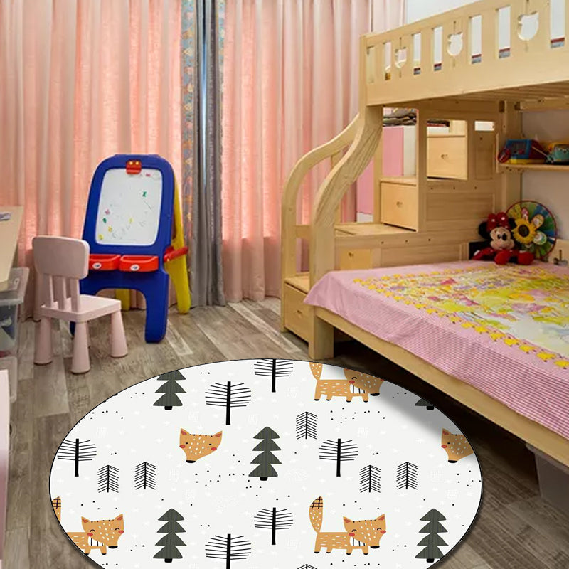 Sikunuo | White Children's Room Carpet Kids Animal Fox Tree Pattern Area Rug Polyester Stain Resistant Rug