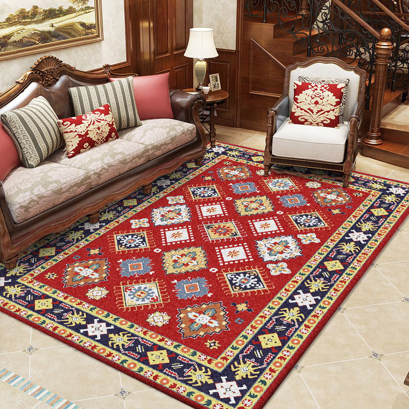 Sikunuo | Southwest Living Room Rug in Red Diamond Print Rug Polyester Non-Slip Pet-Friendly Room Rug