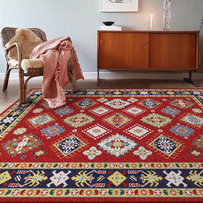 Sikunuo | Southwest Living Room Rug in Red Diamond Print Rug Polyester Non-Slip Pet-Friendly Room Rug