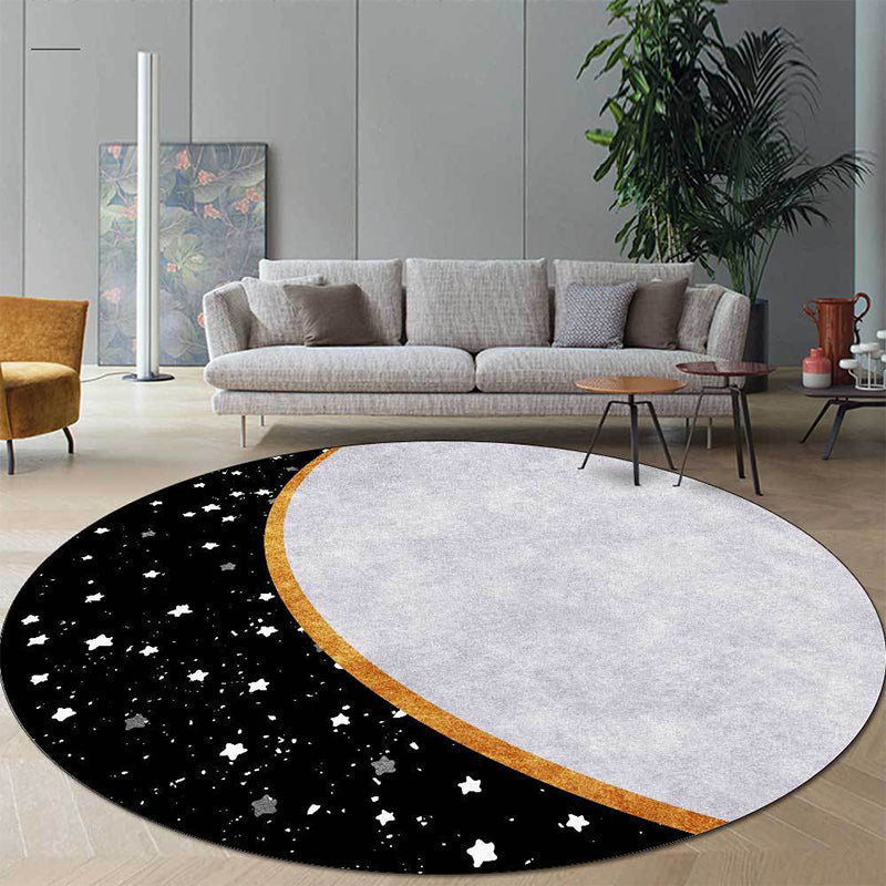 Sikunuo | White and Black Nordic Carpet Polyester Colorblock Star Print Carpet Machine Washable Non-Slip Background Rug for Living Room