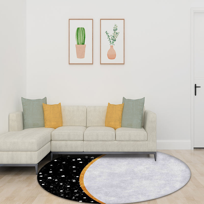 Sikunuo | White and Black Nordic Carpet Polyester Colorblock Star Print Carpet Machine Washable Non-Slip Background Rug for Living Room