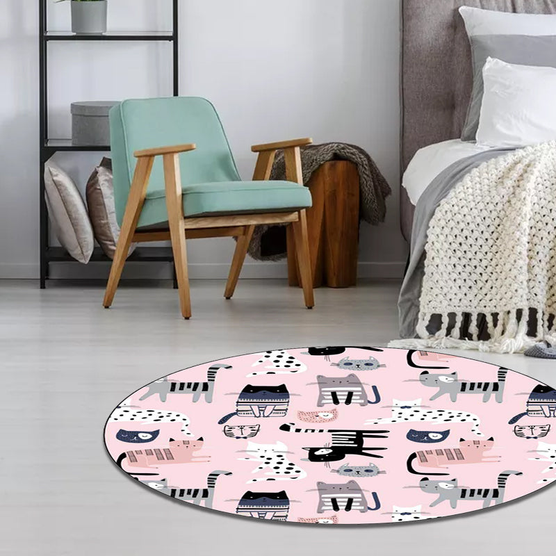 Sikunuo | Pink Children's Room Carpet Children Animal Cat Pattern Rug Polyester Non-Slip Washable Carpet
