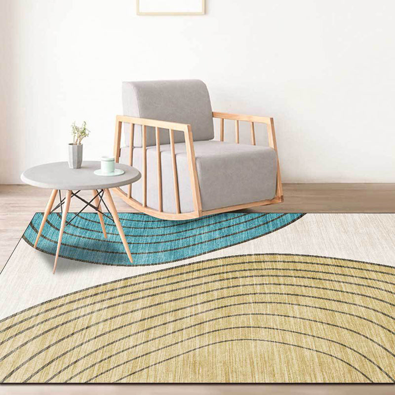 Sikunuo | Novelty Living Room Carpet in Ivory and Yellow Color Block Stripe Print Carpet Polyester Non-Slip Bedroom Rug
