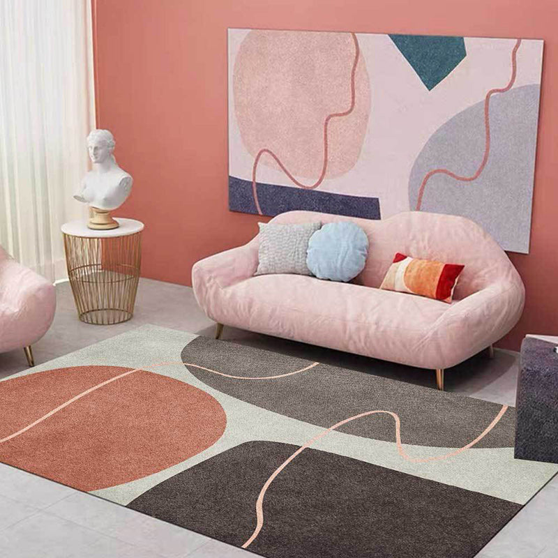 Sikunuo | Novelty Living Room Carpet in Brown Color Block Line Print Carpet Polyester Washable Non-Slip Back Floor Mat