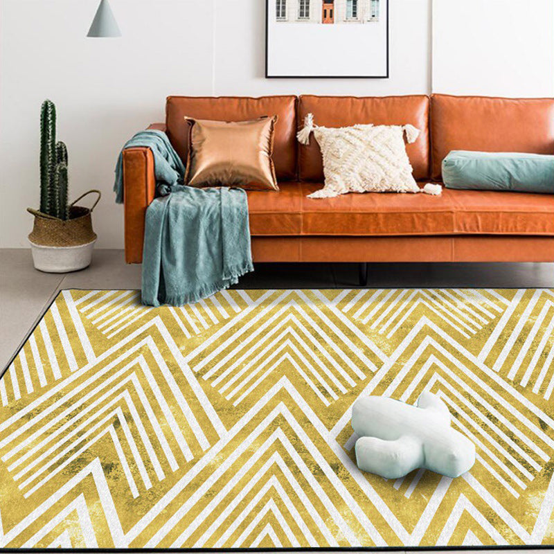 Sikunuo | Gold Bedroom Rug Novelty Geometric Mountain Stripe Pattern Area Rug Polyester Pet-Friendly Washable Rug