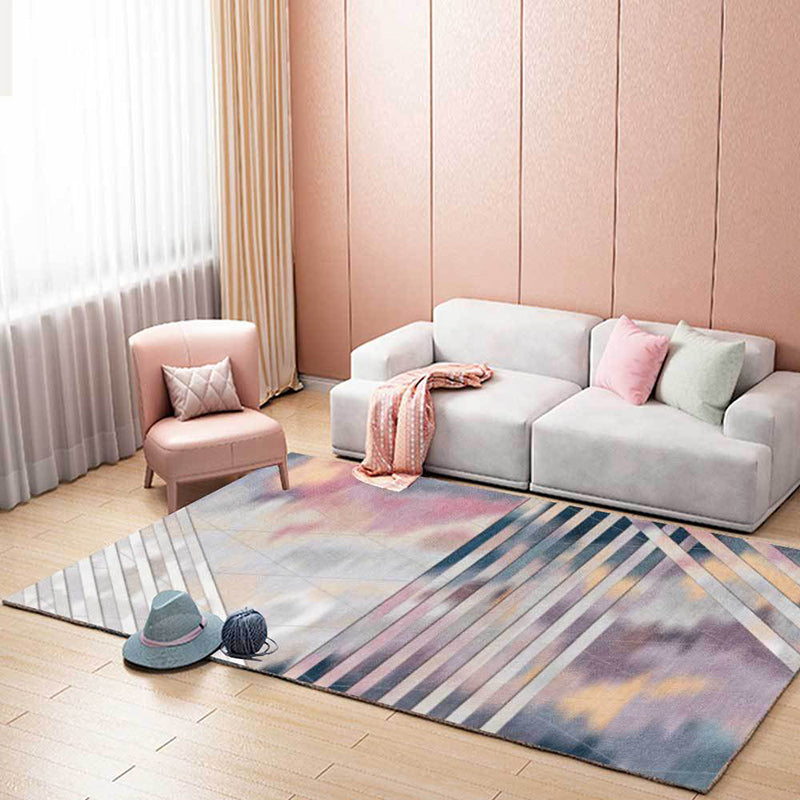 Sikunuo | Pink Bedroom Rug Novelty Geometric Stripe Pattern Area Rug Polyester Pet Friendly Non-Slip Rug