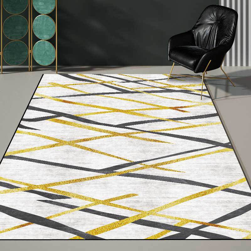 Sikunuo | Novelty Living Room Carpet in White Geometric Lines Pattern Carpet Polyester Pet-Friendly Stain Resistant Washable Carpet