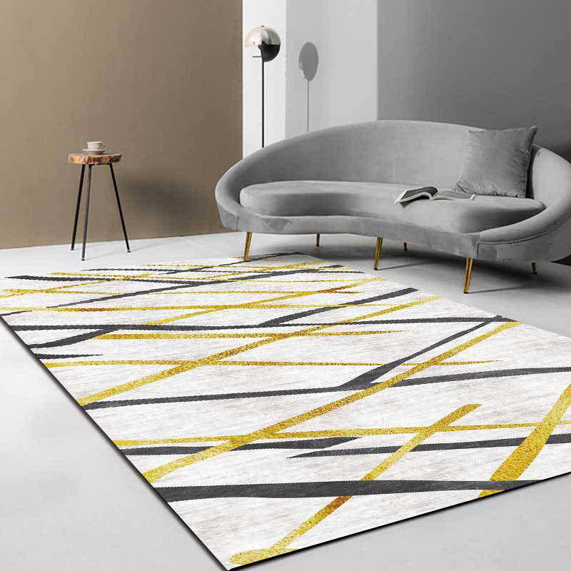 Sikunuo | Novelty Living Room Carpet in White Geometric Lines Pattern Carpet Polyester Pet-Friendly Stain Resistant Washable Carpet