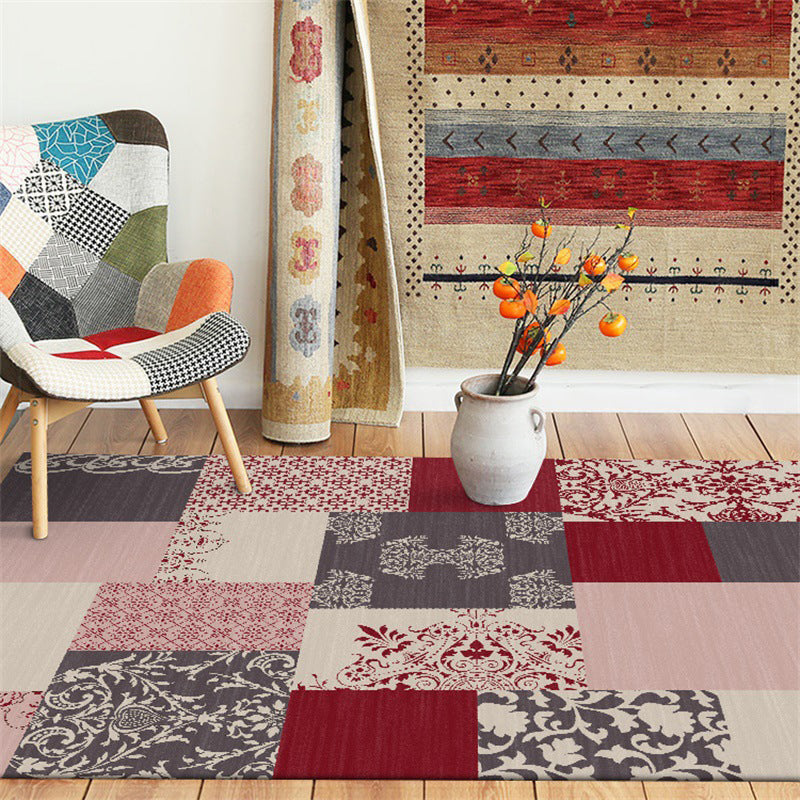 Sikunuo | Shabby Chic Paisley Pattern Rug Pink and Red Polyester Rug Machine Washable Non-Slip Back Area Rug for Living Room