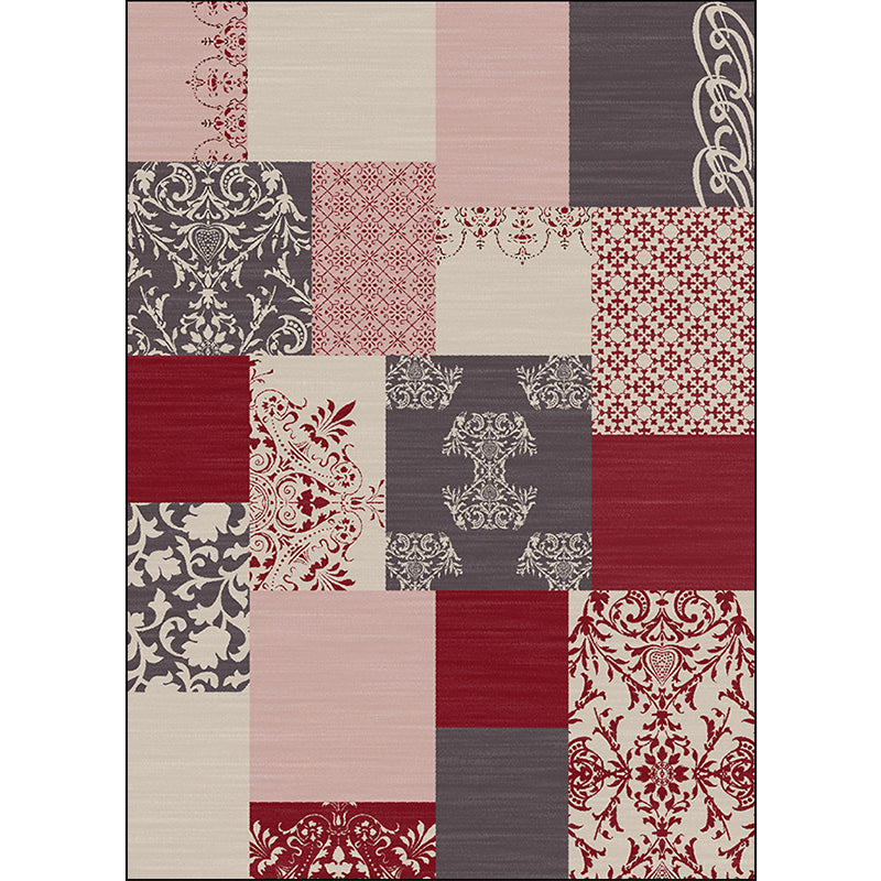 Sikunuo | Shabby Chic Paisley Pattern Rug Pink and Red Polyester Rug Machine Washable Non-Slip Back Area Rug for Living Room
