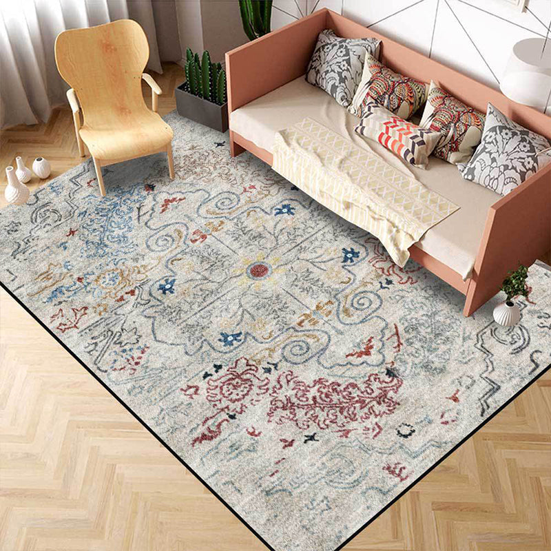 Sikunuo | Gray Shabby Chic Rug Polyester Medallion Pattern Rug Machine Washable Non-Slip Back Rug for Living Room
