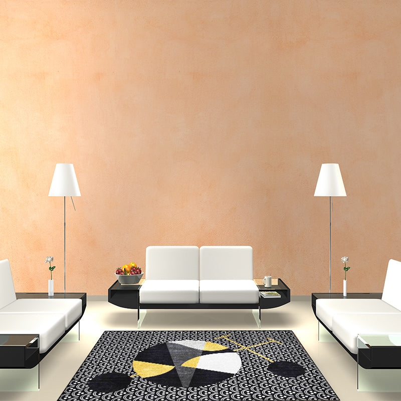Sikunuo | Black modern carpet polyester abstract carpet machine washable non-slip backing carpet for the living room