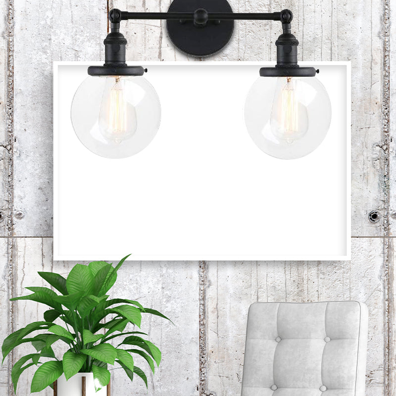 Sikunuo | Round Living Room Wall Light Industrial Clear Glass 2-Lamp Black/Brass Wall Lamp for the Office