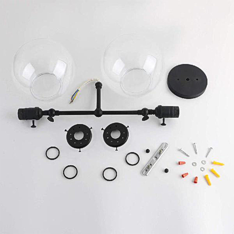 Sikunuo | Round Living Room Wall Light Industrial Clear Glass 2-Lamp Black/Brass Wall Lamp for the Office