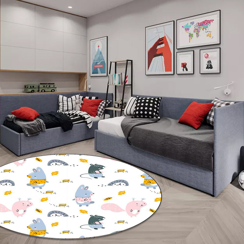 Sikunuo | Children's bedroom rug in white animal rabbit hedgehog leaf print rug polyester machine washable pet-friendly area rug