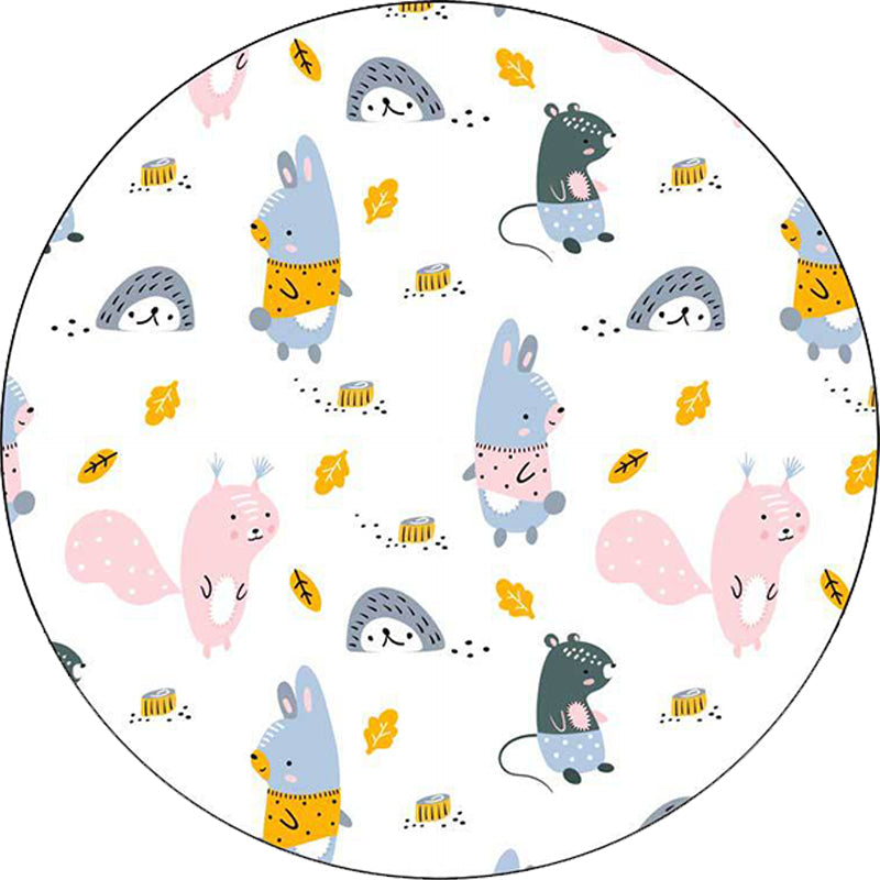 Sikunuo | Children's bedroom rug in white animal rabbit hedgehog leaf print rug polyester machine washable pet-friendly area rug