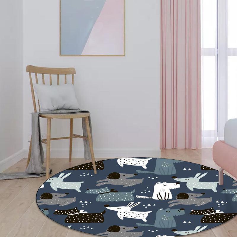 Sikunuo | Casual Kids Carpet in Blue Animal Rabbit Dog Pattern Carpet Polyester Stain Resistant Washable Carpet for the Children's Room