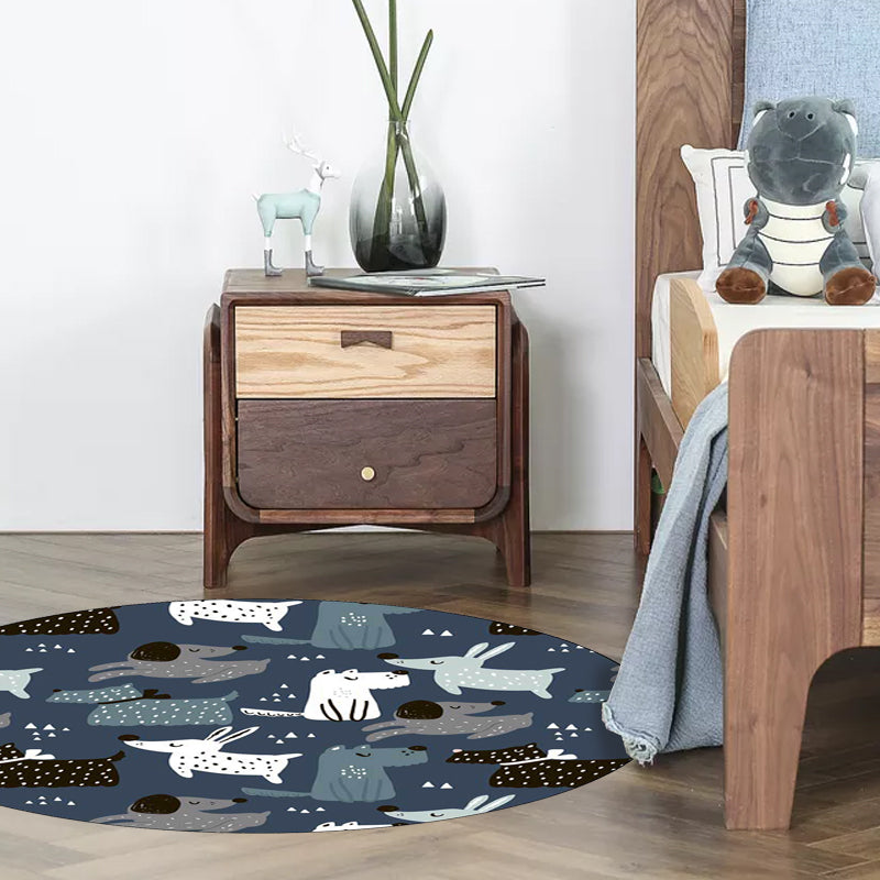 Sikunuo | Casual Kids Carpet in Blue Animal Rabbit Dog Pattern Carpet Polyester Stain Resistant Washable Carpet for the Children's Room